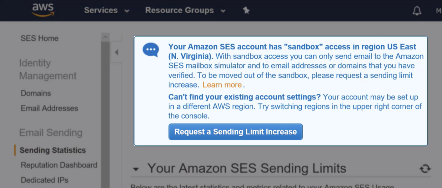 Страница Sending Statistics с уведомлением о доступе к sandbox
