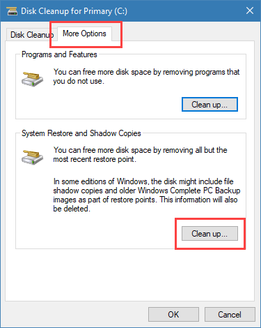 Вкладка Другие параметры в Очистке диска