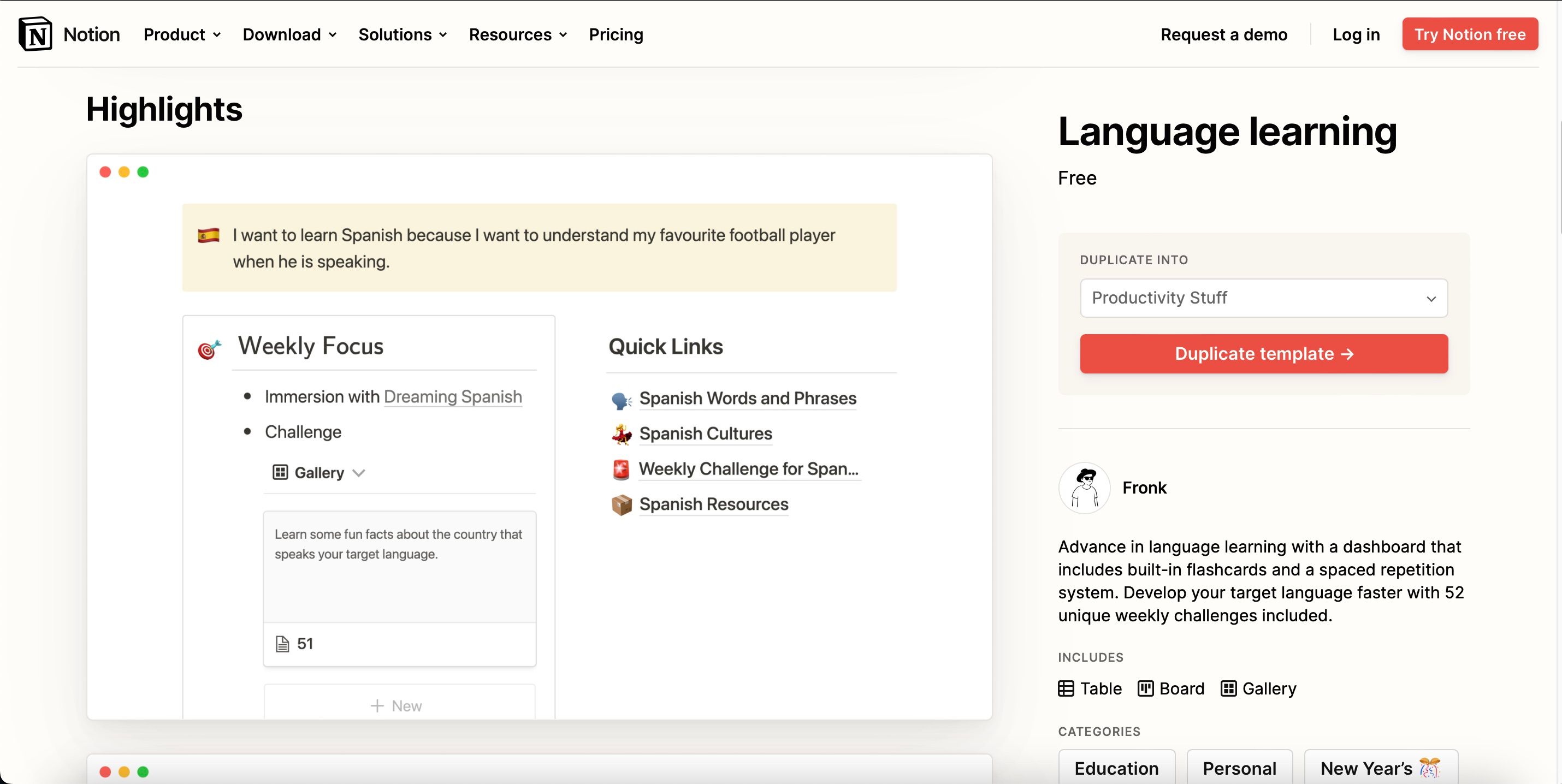 Шаблон Notion для изучения языков Скриншот