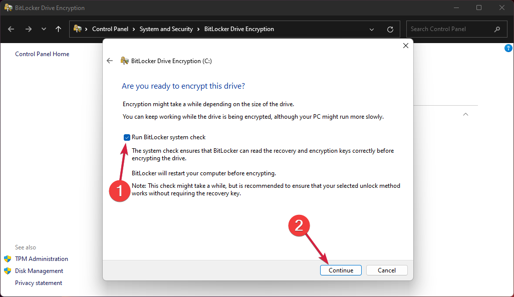 Запуск проверки BitLocker перед шифрованием