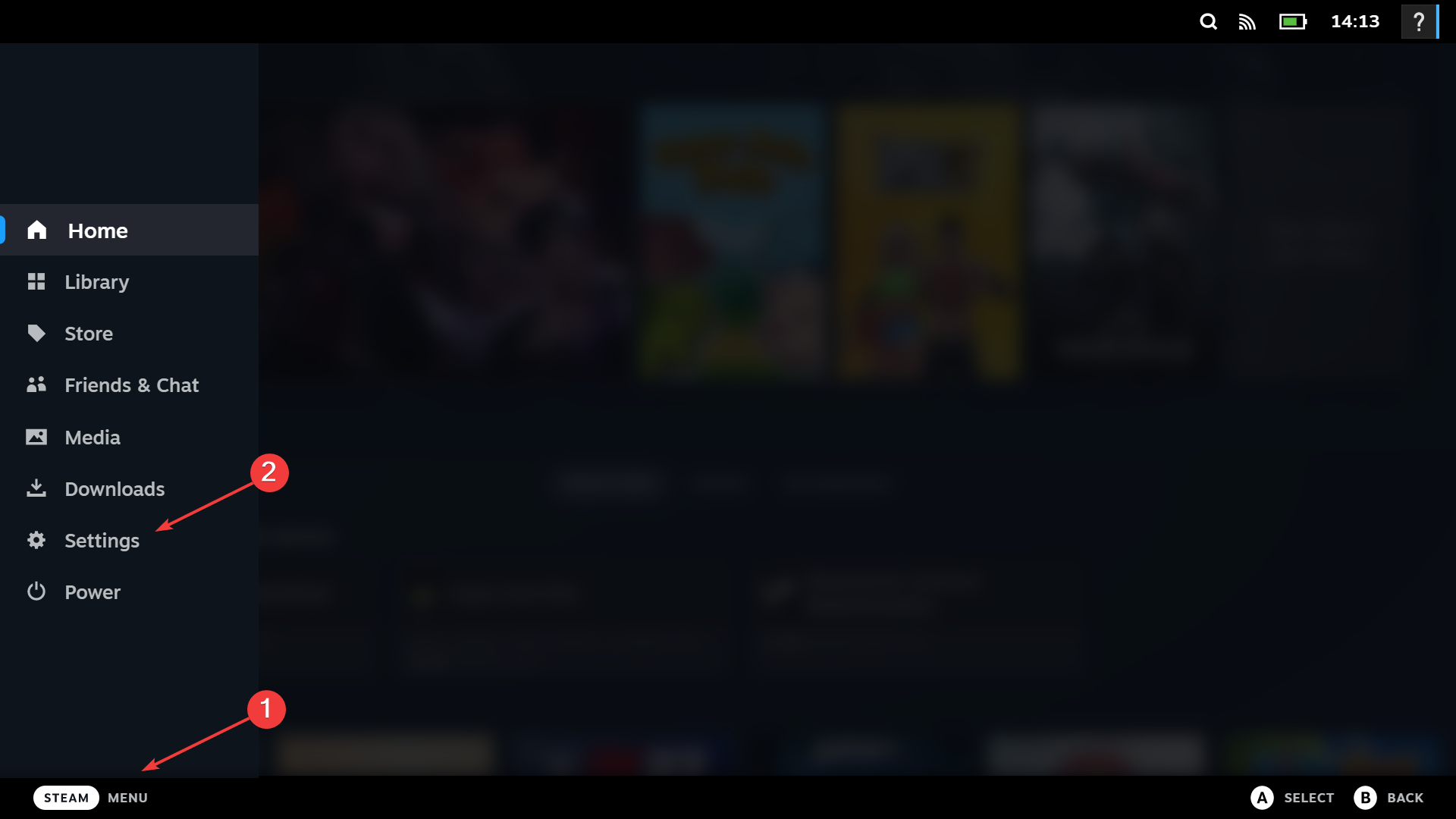 Пункт «Настройки» в меню Steam