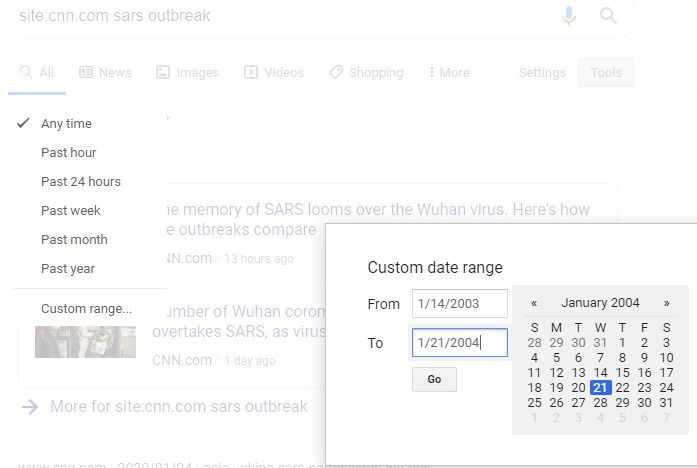 Скриншот: результаты поиска по сайту за указанный диапазон дат