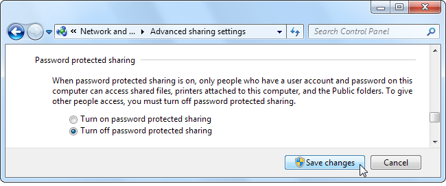 Параметры расширенного общего доступа — отключение защиты паролем