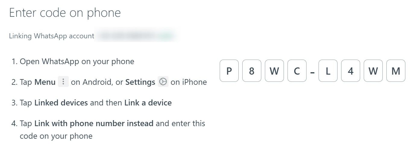 связывание аккаунта WhatsApp с WhatsApp Web через код
