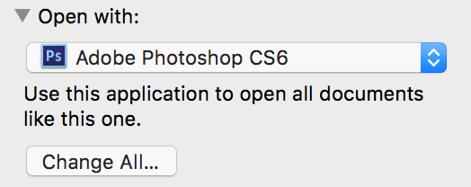 Окно Get Info с выбором приложения по умолчанию для типа файла