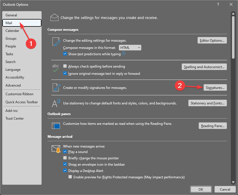 Раздел «Почта» в Параметрах Outlook