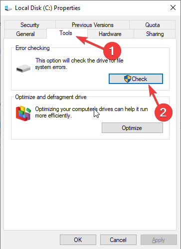 Проверка ошибок диска — кнопка Проверить