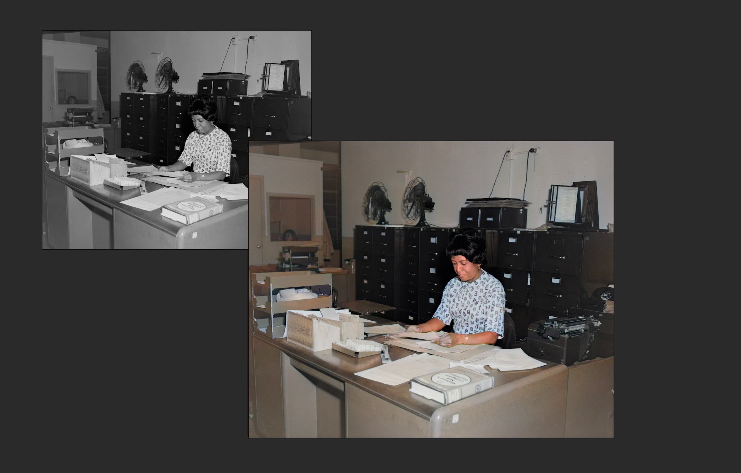 Женщина за столом: слева — чёрно‑белая фотография, справа — вариант после раскраски Img2Go