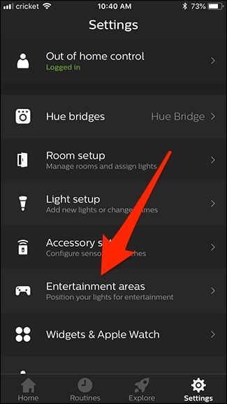 Список настроек приложения Hue с пунктом Entertainment Areas