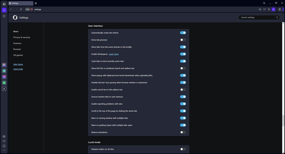 Включение автоматического создания Tab Islands в настройках Opera One