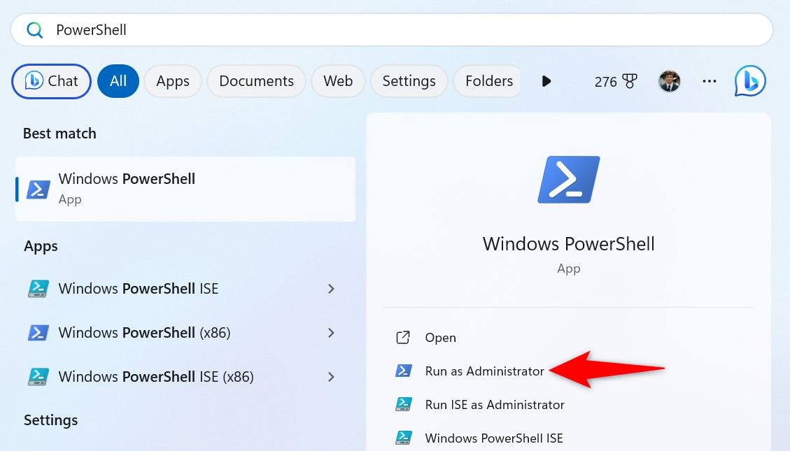 'Запуск PowerShell от имени администратора через Пуск, выделено.'