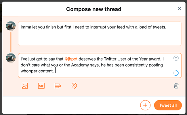 Второе окно для твита в треде с полем ввода текста