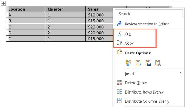 Варианты Вырезать и Копировать в контекстном меню