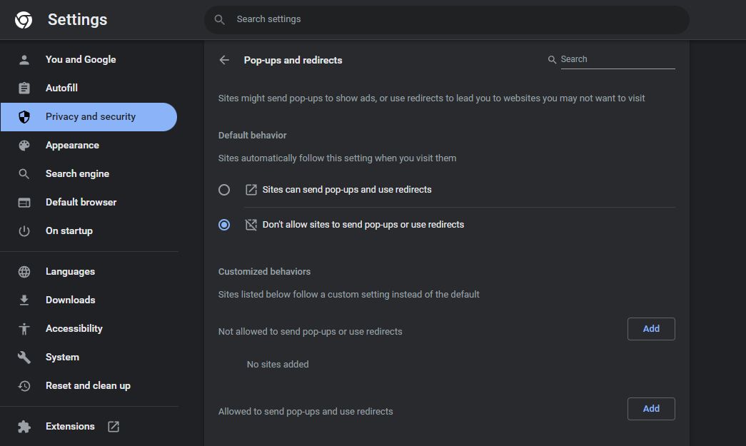 Окно настроек блокировки всплывающих окон в Chrome