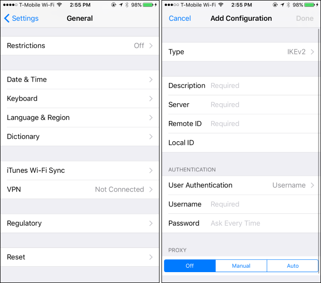 Экран добавления VPN-конфигурации в iOS