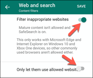 Опция Только разрешённые сайты включена
