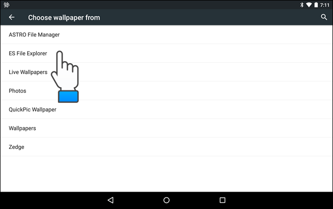 Выбор ES File Explorer из Настроек для выбора файла обоев