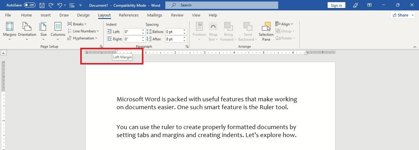 Левое поле на линейке в Microsoft Word