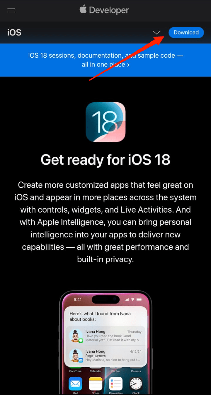 Откройте страницу iOS 18 и нажмите кнопку загрузки в правом верхнем углу.