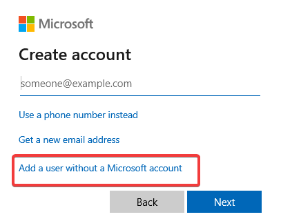 Опция добавить пользователя без учётной записи Microsoft