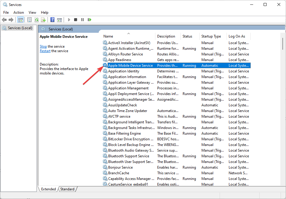Служба Apple Mobile Device Service в окне служб