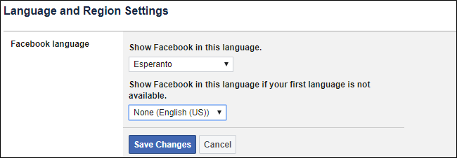 Выбор языка интерфейса Facebook