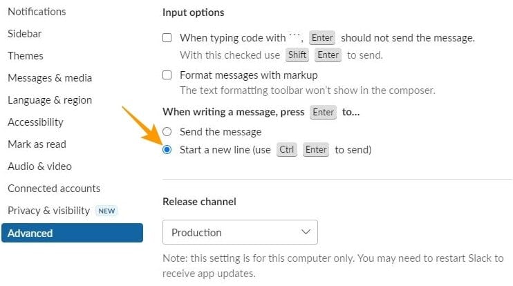 Скриншот настроек Slack — параметр Enter для нового абзаца
