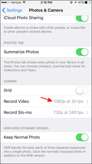 Список параметров для записи видео в настройках iOS