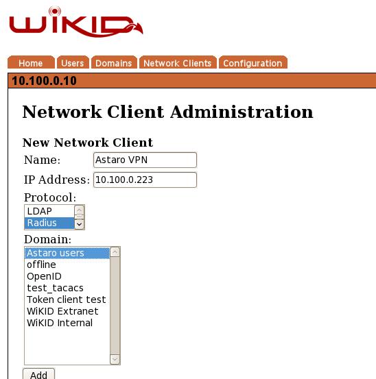 Добавление сетевого клиента для Astaro в WiKIDAdmin