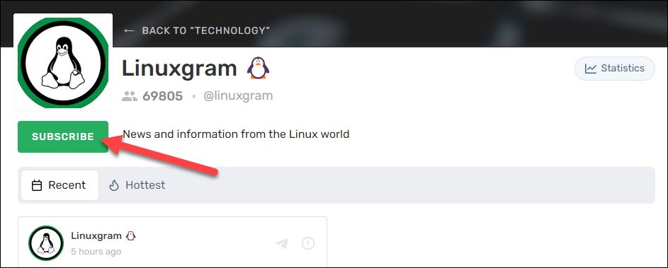 Кнопка «Подписаться» на странице канала в репозитории Telegram