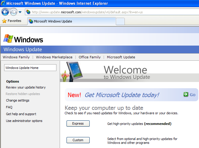 Окно Windows Update эпохи Windows XP
