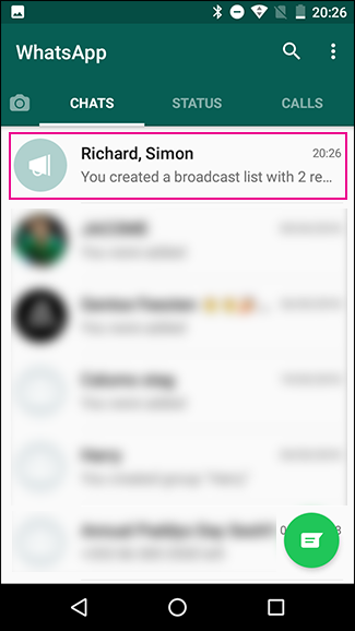 Список рассылки Android вверху экрана чатов