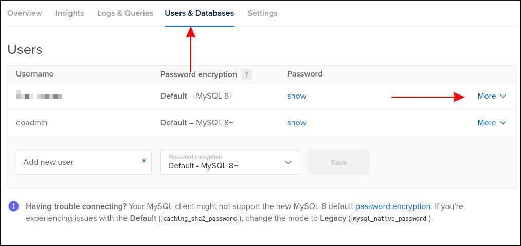 Screenshot of managing database users in DigitalOcean