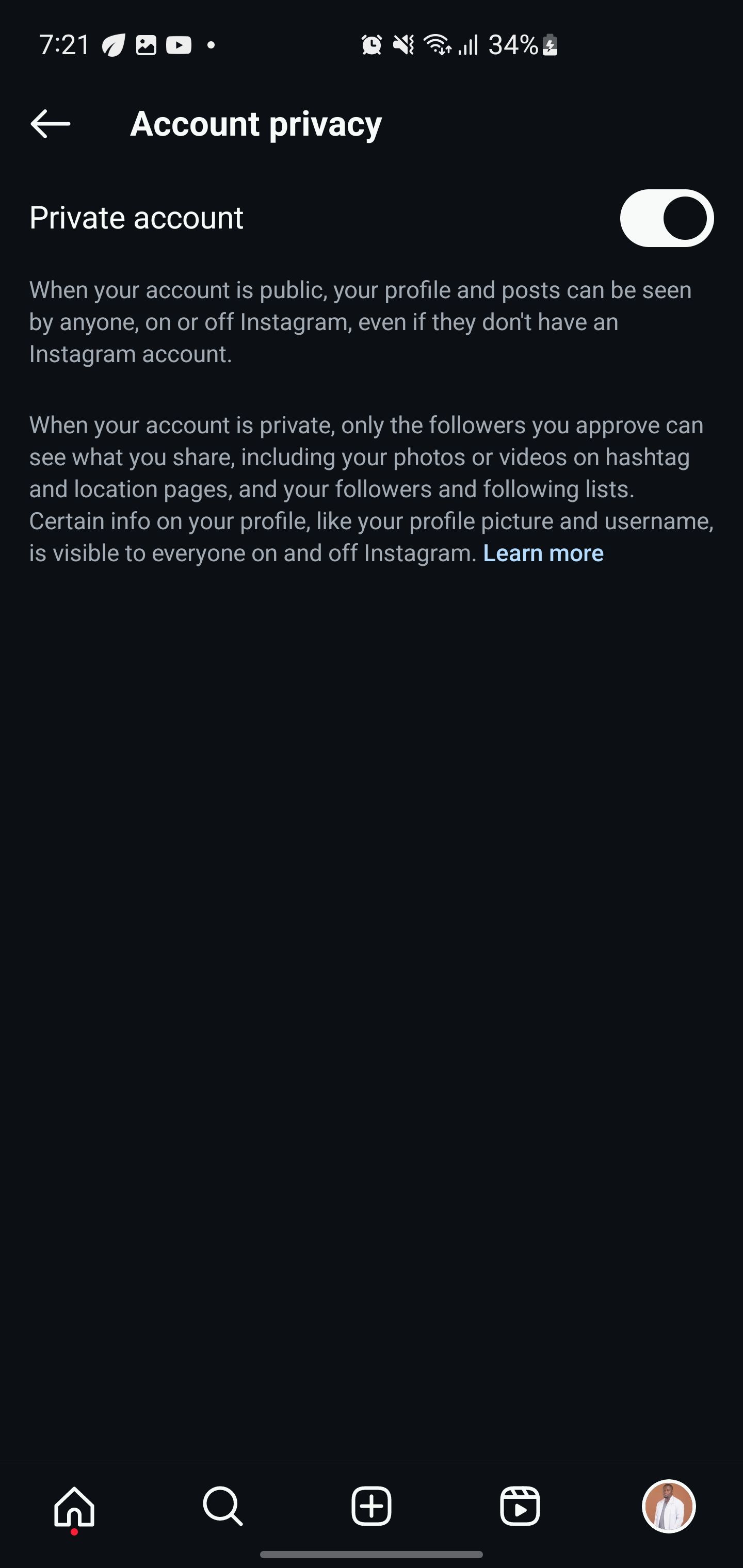 Переключатель приватного аккаунта в Instagram (включён)