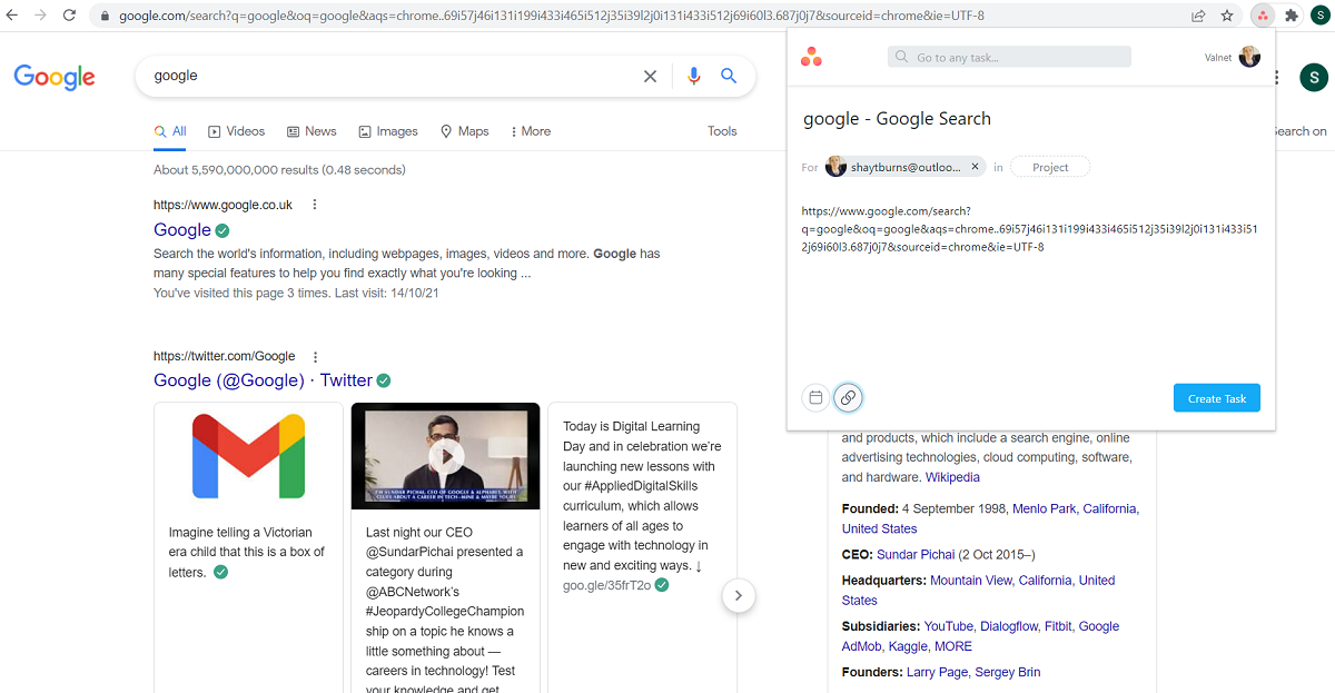 Расширение Asana открыто на веб-странице с URL в описании задачи
