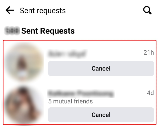 Страница «Отправленные запросы» в мобильном приложении Facebook