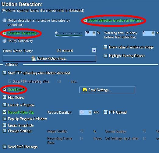 Настройка обнаружения движения и чувствительности