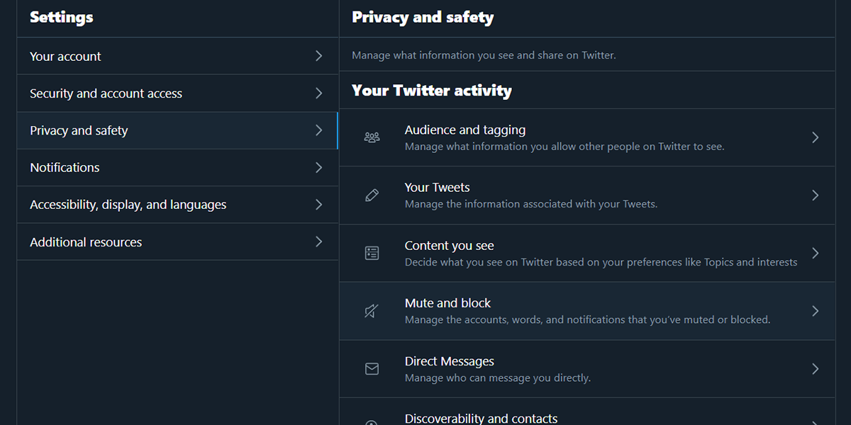 Скриншот вкладки конфиденциальности и безопасности в настройках Twitter