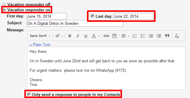 Gmail Vacation Responder