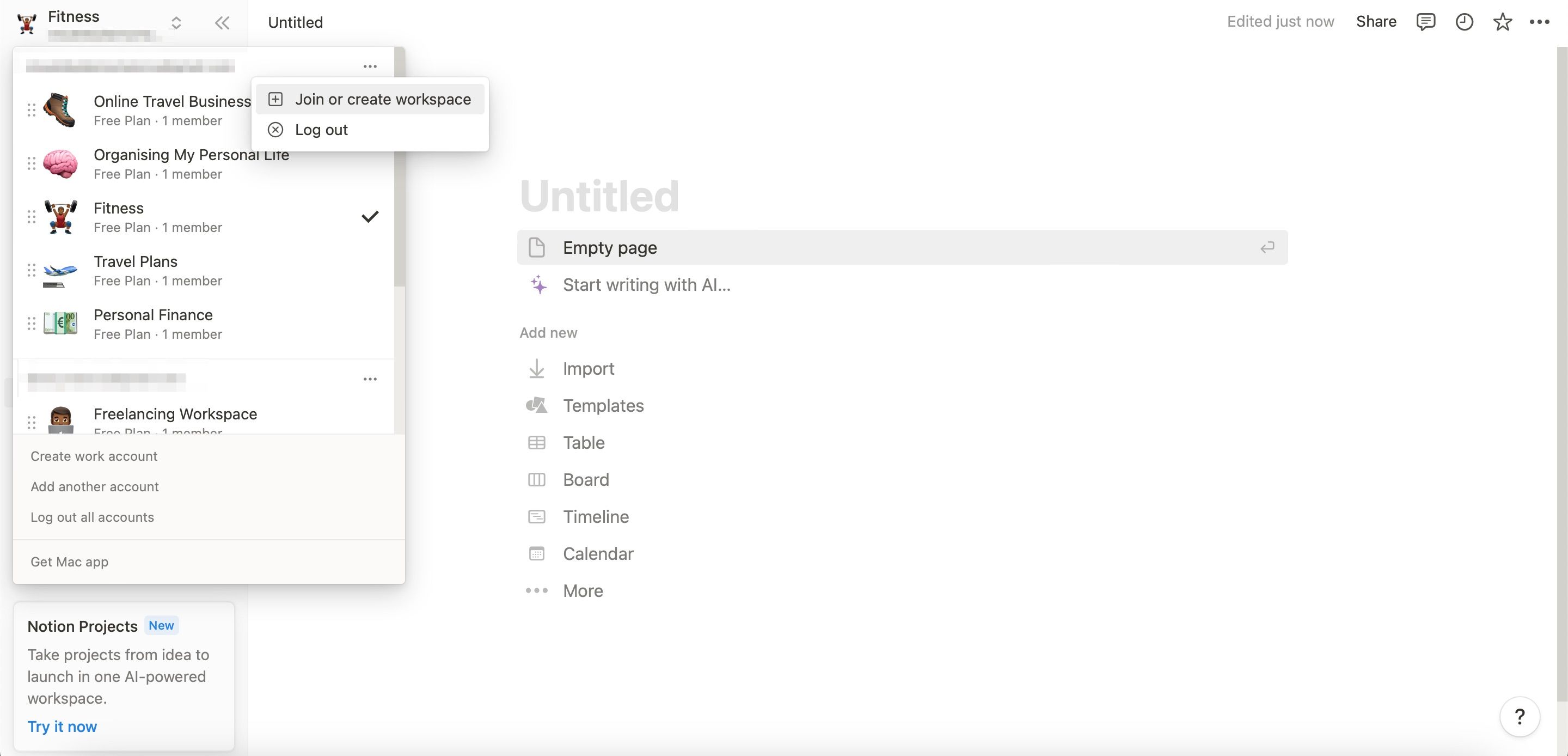 Создание нового воркспейса в Notion