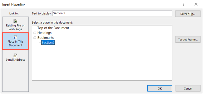 Опция «Место в документе» в окне вставки ссылки