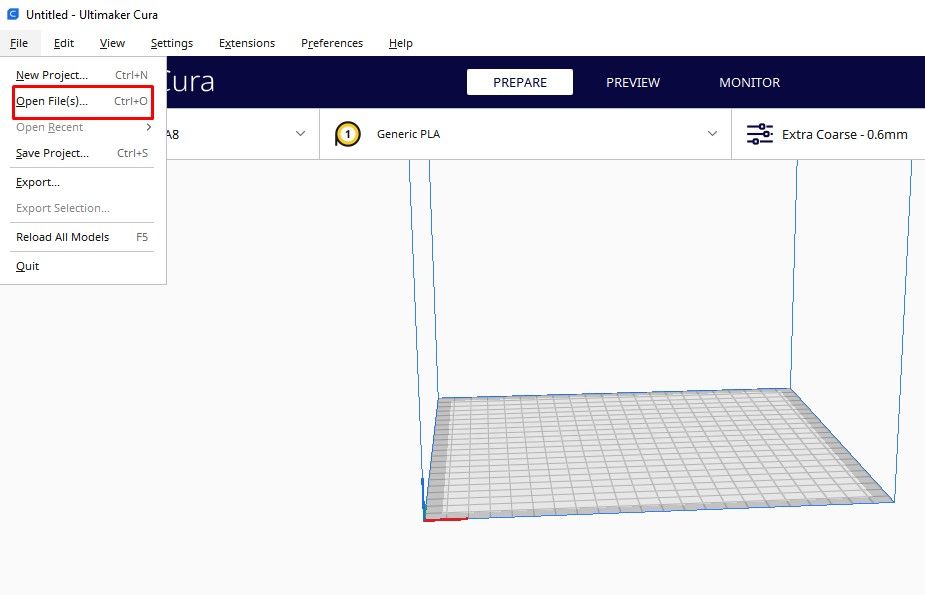 Опция Open File в Cura для импорта STL