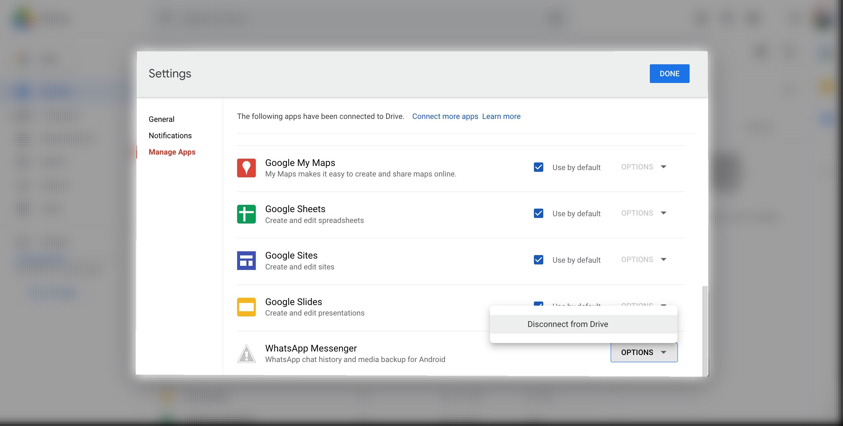 Опция отключения приложения от Google Диска