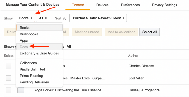Переключитесь на документы в библиотеке Kindle