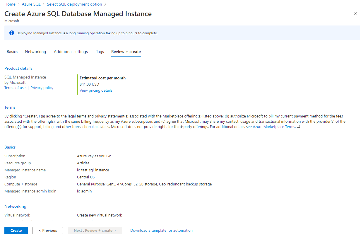 Создание SQL Managed Instance в портале Azure.