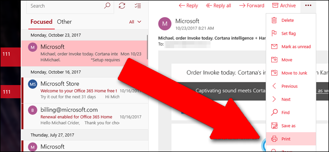 Меню с опцией Печать в Mail