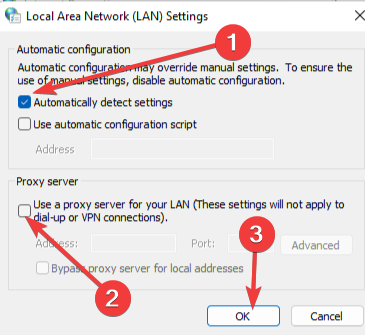 Окно параметров сети LAN с опциями прокси и автоматического определения