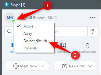 Выбор режима «Не беспокоить» в Skype