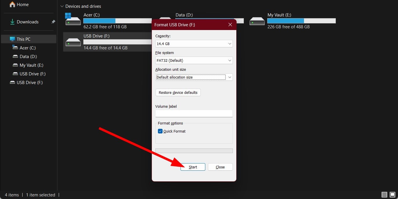 Screenshot: pulsante Avvia nella finestra di formattazione
