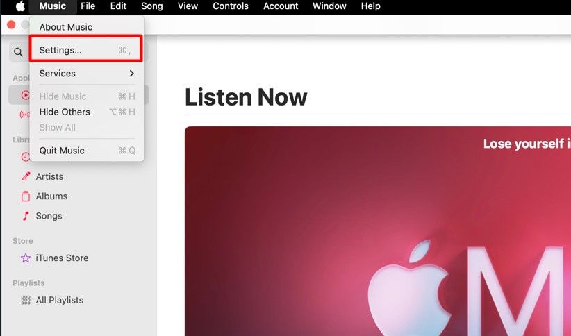 Меню «Настройки» в Apple Music на Mac.